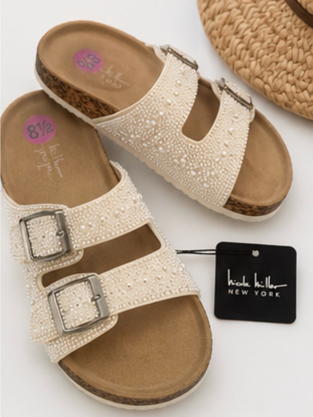 Nicole Miller Cream Pearl-Embellished Double Buckle Sandals